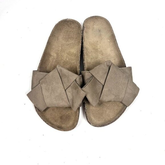 BP Tapis Slide Sandals Sz. 8 Fabric Upper Brown Bow Boho Chic Resort Beach Slide - Picture 1 of 6